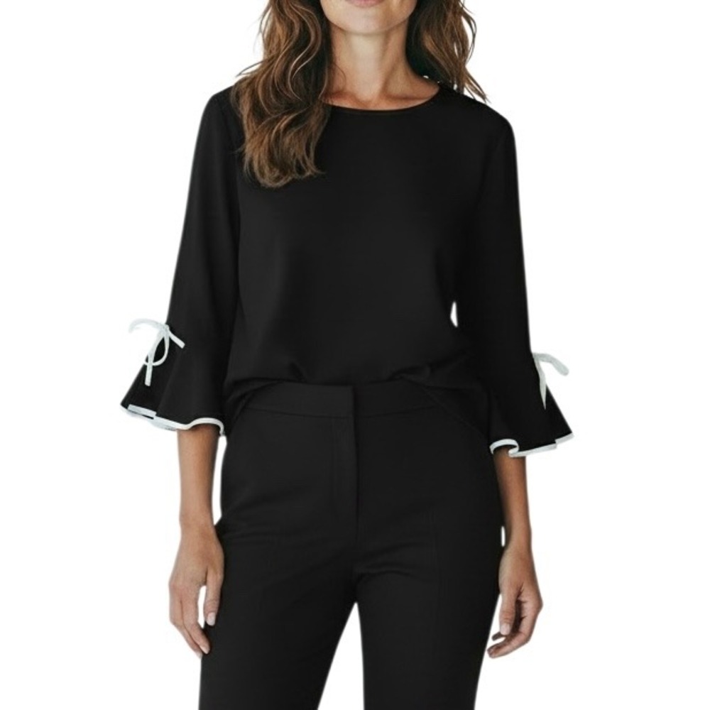 Talbots Petites Black Bell Sleeve Blouse White Trim Bow Accent XLP